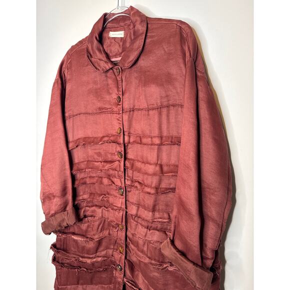 2000s Krista Larson Mauve Crinkled Silk Overshirt Jacket One Size - Picture 9 of 14